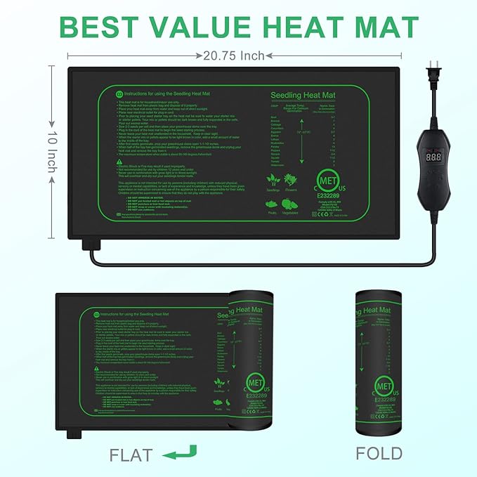 Seedling Heat Mat with Digital Thermostat, 10" x 20.75" Waterproof Heating Pad for Hydroponic Germination Seed Starting, Adjustable Controller