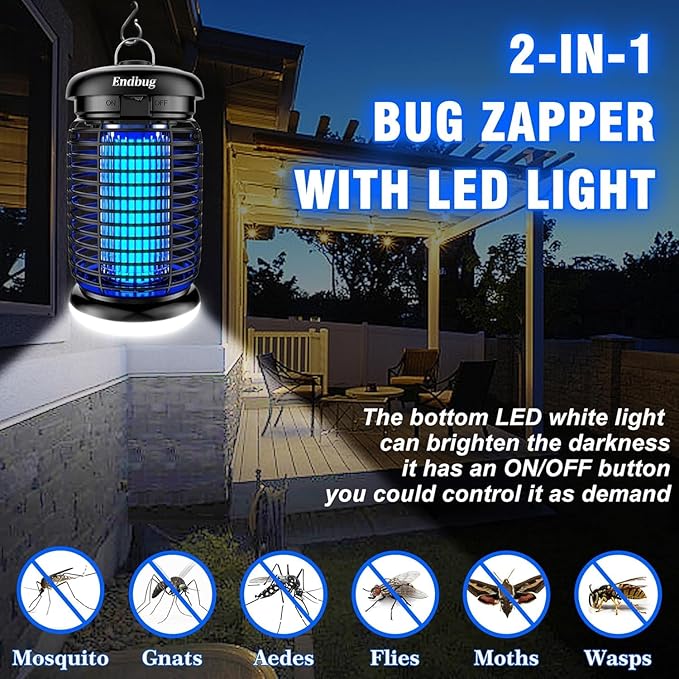 Endbug Bug Zapper, Bug Zapper Outdoor Indoor with LED Light, Electric Mosquito Zapper Fly Zapper, Waterproof Mosquito Killer Insect Zapper Fly Trap for Outside Patio Garden Backyard Home