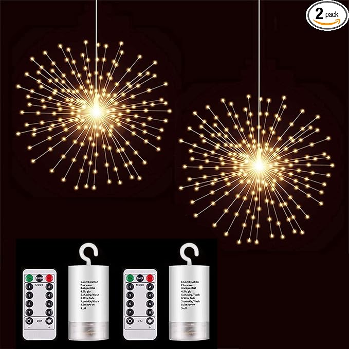 2 Pack Starburst Sphere Lights,200 LLED Firework Light, 8 Modes Dimmable Remote Control Waterproof Hanging Fairy Light, Copper Wire Lights for Patio Parties Christmas (Battery Operated)