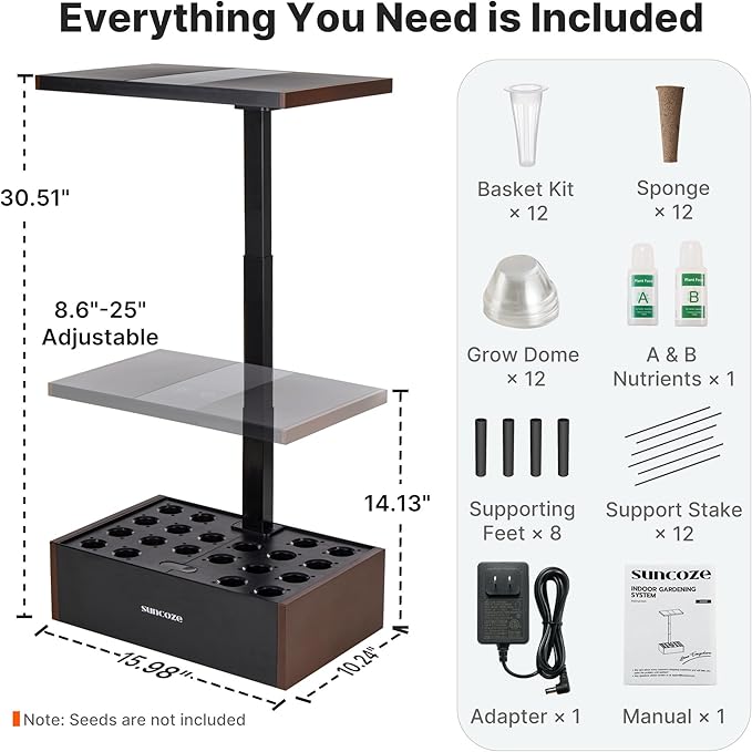 SUNCOZE Hydroponics Growing System Kit 20 Pods, Indoor Herb Garden with Grow Light 30W, 10L Large Water Tank with Adjustable Height to 25", Built-in Pump, Gardening Gifts, Black and Brown