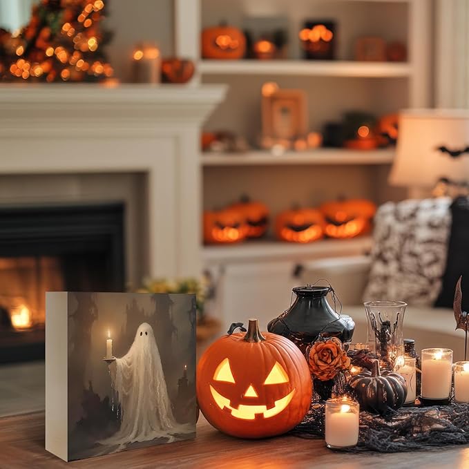Mtrgdn Cute Halloween Decor,Spooky Ghost Desk Decor Wooden Box Sign,Halloween Home Office Kitchen Bathroom Bedroom Coffee Bar Party Table Shelf Wall Decorations,5x5 Inch