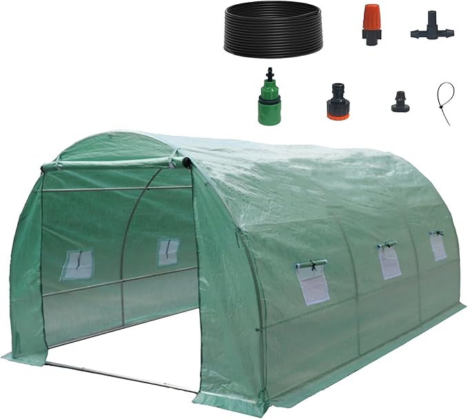 9.8x6.5x6.5 Ft Walk in Greenhouse, Portable Greenhouse, Greenhouse Tunnel, Heavy-Duty Outdoor Greenhouse with Watering System, Roll-up Zipper Door and Window for Outdoor, PE Cover, Green
