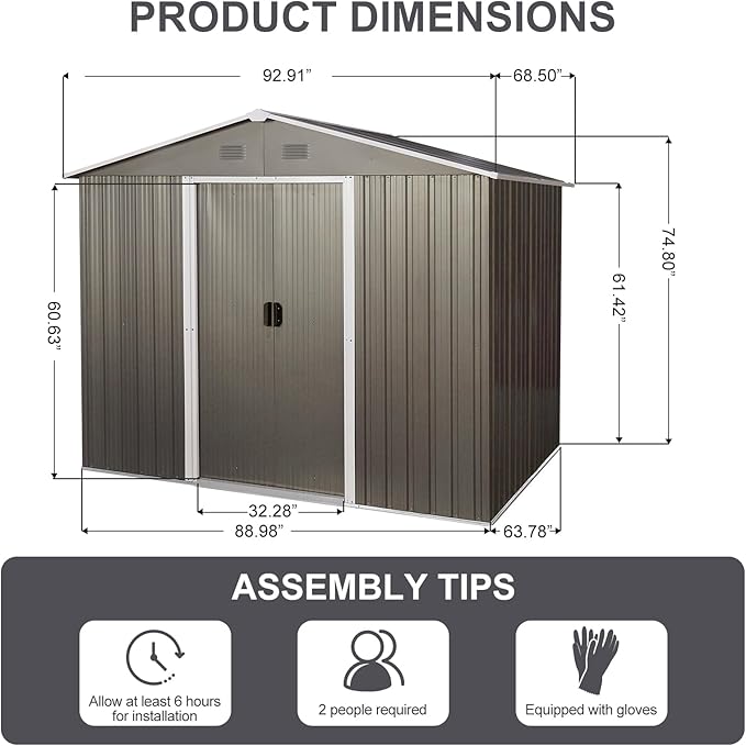 6x8 FT Outdoor Storage Shed, Metal Garden Shed with Frame Floor, Outside Tool Shed with Lockable Sliding Doors, Waterproof Storage Building with Sloped Roof for Backyard, Patio, Lawn, Gray