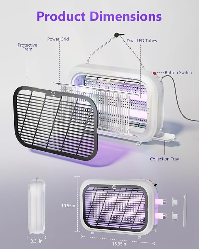 Bug Zapper Indoor, High Voltage Electric Mosquito Zapper, Durable Fly Trap Mosquito Trap, Fly Zapper with Removable Washable Tray for Home Patio Backyard, Including 2 Replacement Bulbs