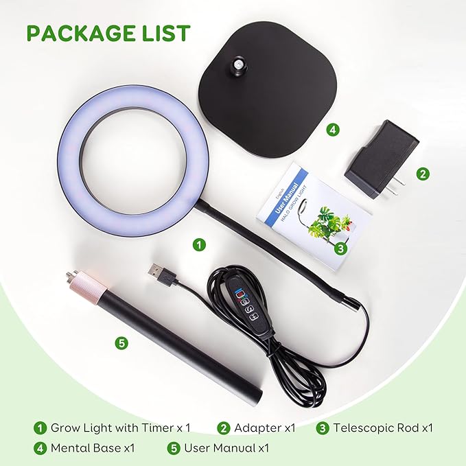 One Head Grow Lights for Indoor Plant Full Spectrum, Desk Halo Plant Lights for Indoor Growing with 3H/9H/12H Timer, 5 Dimmable Levels,Height Adjustable 9.4-23.6",Strong Metal Base Happy Light