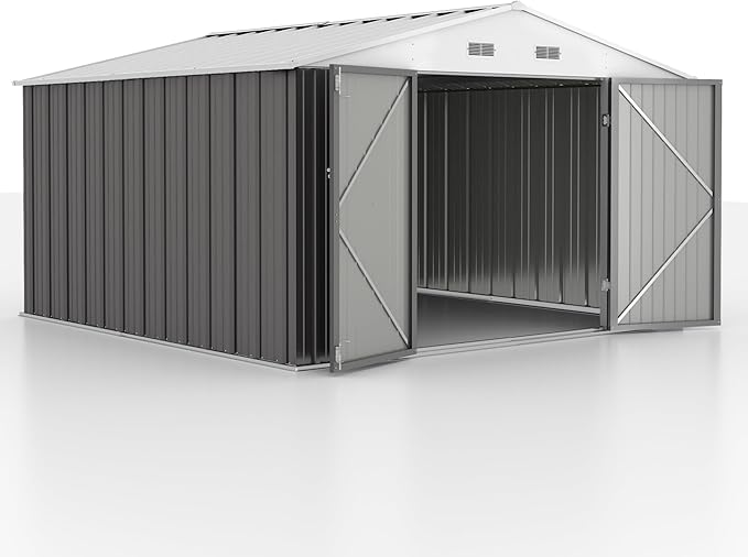 GUNJI 10 x 10 FT Shed Outdoor Storage Shed Metal Garden Shed with Lockable Door Outside Waterproof Tool Shed for Backyard, Patio, Lawn (Gray)