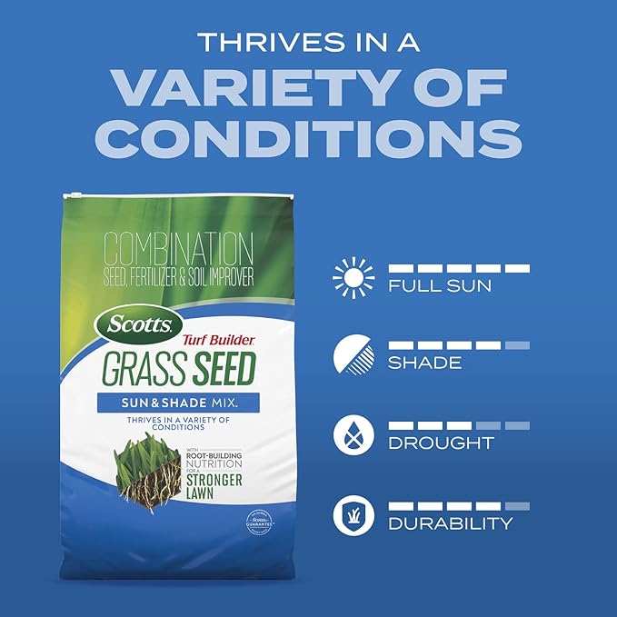 Scotts Turf Builder Grass Seed Sun and Shade Mix with Fertilizer and Soil Improver, Thrives in Many Conditions, 32 lbs.