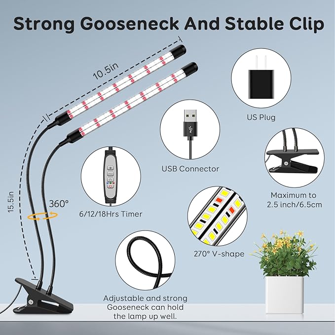 V-Shape Grow Lights for Indoor Plants, 2 Heads LED Full Spectrum Lamps With Clips, 5 Dimmable Levels and 6/12/18H Timer for Growing