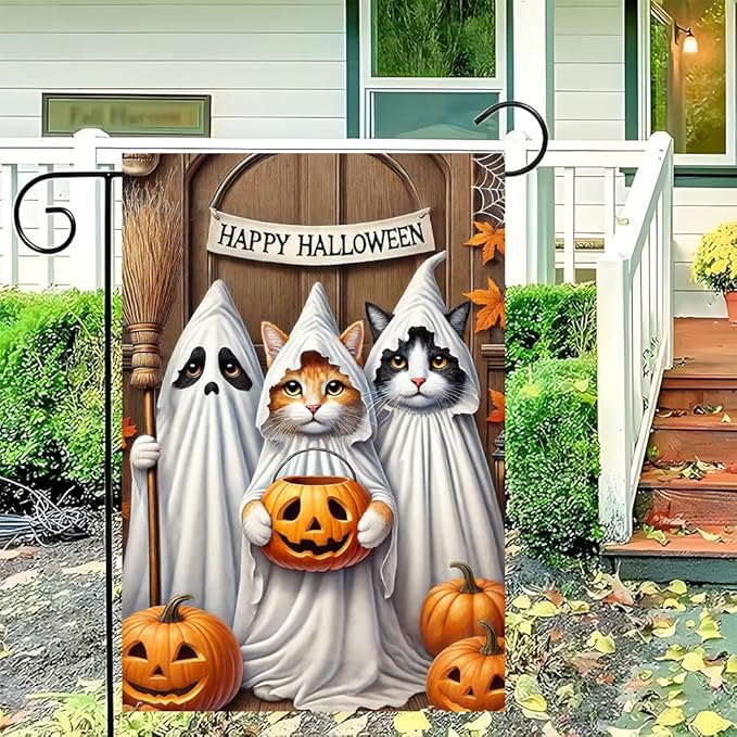 Halloween Pumpkin Witch Cat Garden Flag 12x18 Inch Double Sided Fall Yard Flag
