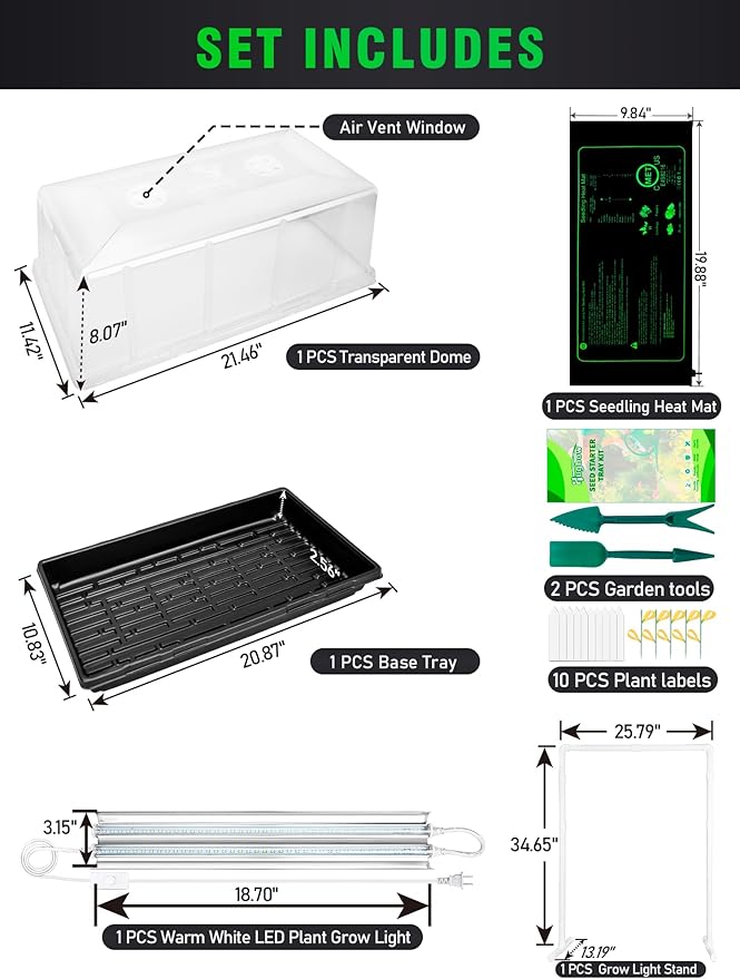 Seed Starter Tray with Grow Light and Heat Mat, 8'' Humidity Dome, 1020 Plant Starter Trays Seed Starter Kit, Grow Light Stand for Seed Starting & Seedling Growing, Height Adjustable