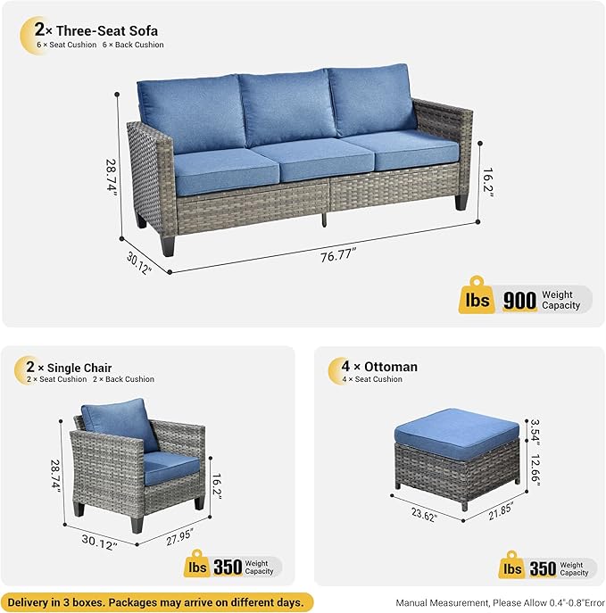 ovios Patio Furniture Set, 8 Pieces Outdoor Wicker Sofa Couch with Chairs, Ottomans and Comfy Cushions, All Weather High Back Rattan Conversation Set, Denim Blue