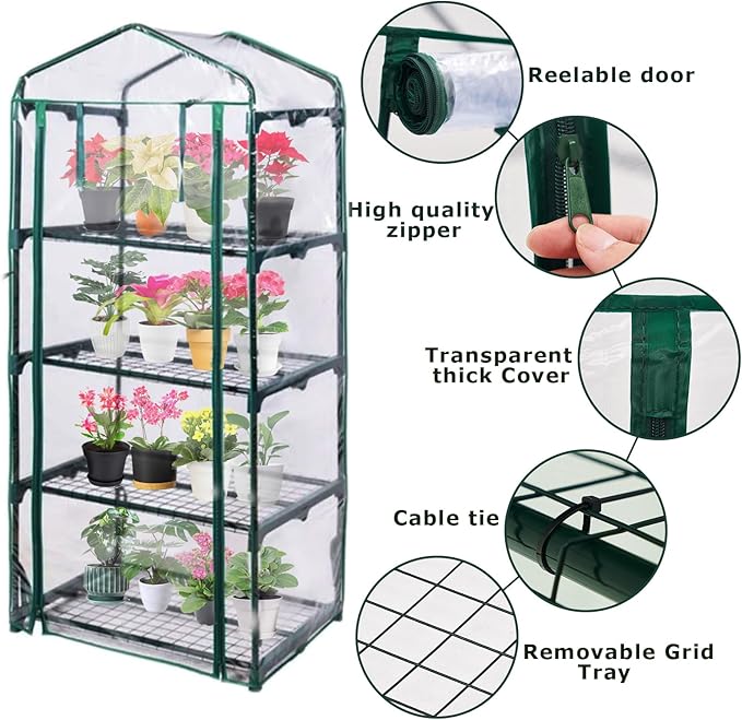 Mini Greenhouse for Indoor Outdoor, Plant Green House 4-Tier Rack Stand Portable Greenhouses with Durable PVC Cover for Seedling, 2.5x1.6x5.2 FT,Ideal Gardening Gifts for Women Men(PLGH704P)