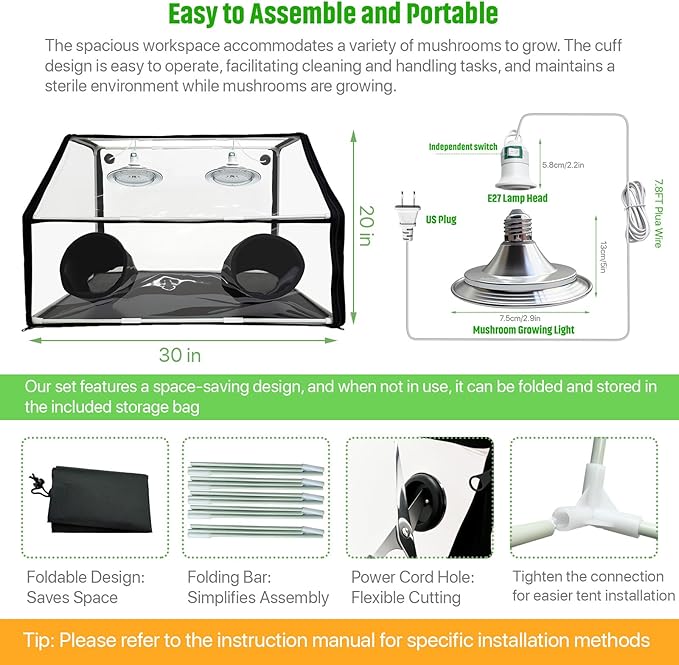 Large Still Air Box Mushroom Grow Set, 30×20×20 Inch Mycology Fume Hood Propagation Tent with Two Mushroom Lights, Provide 360°lllumination, Durable& Easy to Install, Ideal for Indoor Growers
