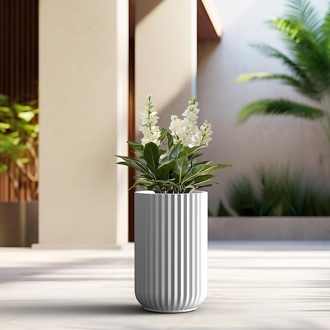 Kante Tall Fulted Planter, 17.7 Inch Tall Round Concrete Plant Pots with Drainage Hole and Rubber Plug, Modern Decor for Indoor Outdoor Plants, Flower, White