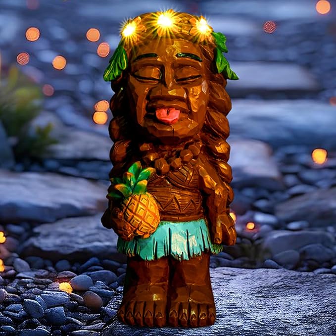Solar Tiki Girl Garden Statue Tiki Lady Holding Pineapple Figurine with Flower LED Lights Bar Patio Porch Yard Art Outdoor Fall Decoration Halloween Birthday Christmas Gardening Gift for Mom Women