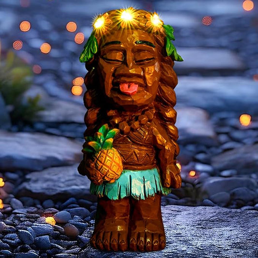 Solar Tiki Girl Garden Statue Tiki Lady Holding Pineapple Figurine with Flower LED Lights Bar Patio Porch Yard Art Outdoor Fall Decoration Halloween Birthday Christmas Gardening Gift for Mom Women