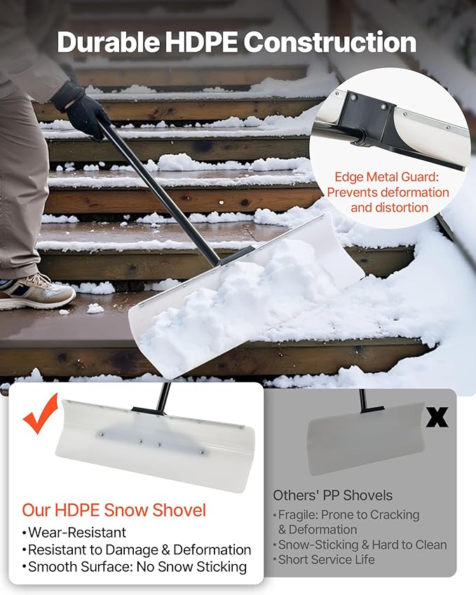 VEVOR Snow Pusher, 30 inch Wide Push Snow Shovel Plow for Driveway, Sidewalks and Doorways with Segmented Handle, Ergonomic Grip and HDPE Plastic Blade