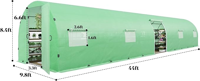 AMERLIFE 44x10x7.5 FT Tunnel Greenhouse for Outdoors, Extra Large Walk in Greenhouse with Galvanized Steel Frame, Premium PE Cover & Film Clips, Swing Door, Green