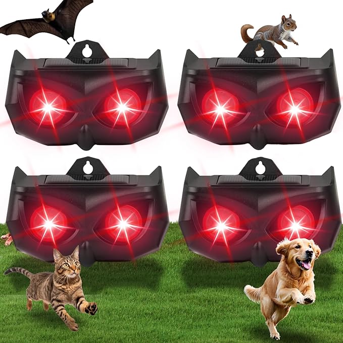 4 Pack Solar Animal Repellent Outdoor, Waterproof Predator Lights with Flashing Red LEDs, Effective Deer, Raccoon, Skunk, Coyote, Fox & Cat Deterrent for Yard, Garden, Farm & Chicken Coop