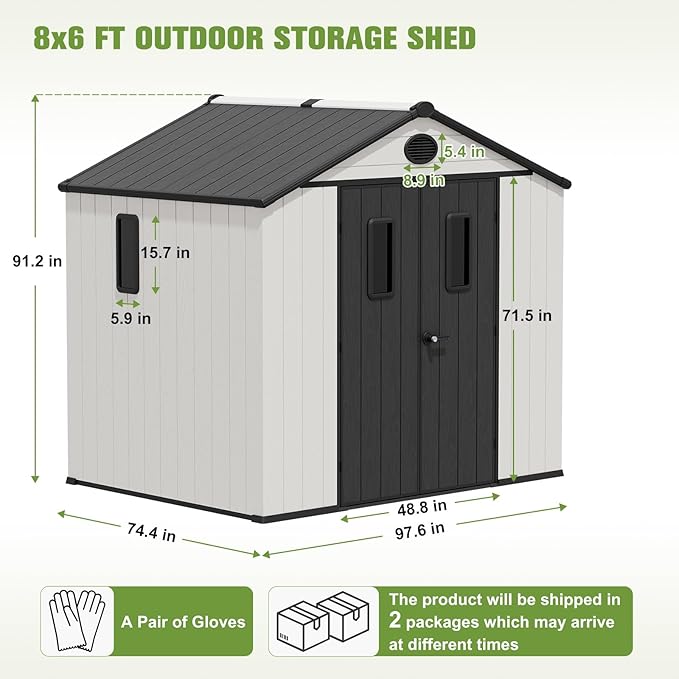 COOS BAY Resin Outdoor Storage Shed with Lockable Double Doors, Heavy-Duty Floor, All-Weather Garden Shed for Tools & Equipment, 8x6 ft, White/Gray