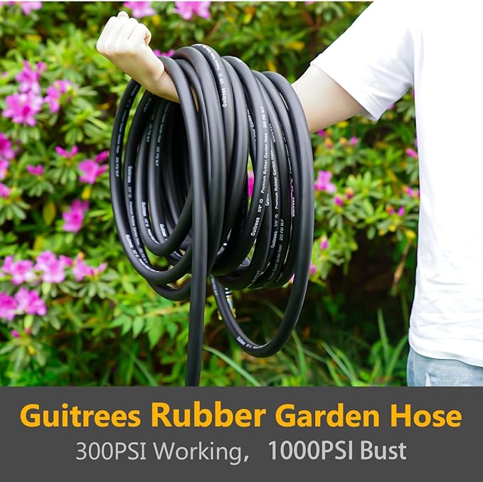 50FT 3/4 Heavy Duty Rubber Garden Hose - 200psi Working, 1000psi Burst - Hot/Cold Water - Five-Layered Braiding for Durability - Versatile for Gardening, Agriculture, Construction(Black)