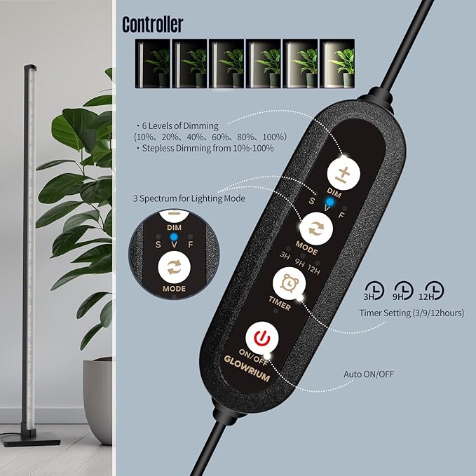 GLOWRIUM Grow Lights for Indoor Plants, 36W Vertical Plant Grow Lights with Auto-Timer, Full Spectrum LED Standing Plant Grow Light, 3 Light Modes, 6-Level Dimmable (60in)