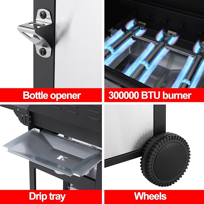 3-Burner Propane Gas Grill with Stainless Steel Cabinet - Outdoor BBQ Grill Side Table, Knob Controls, Cast Iron Grates & Thermometer