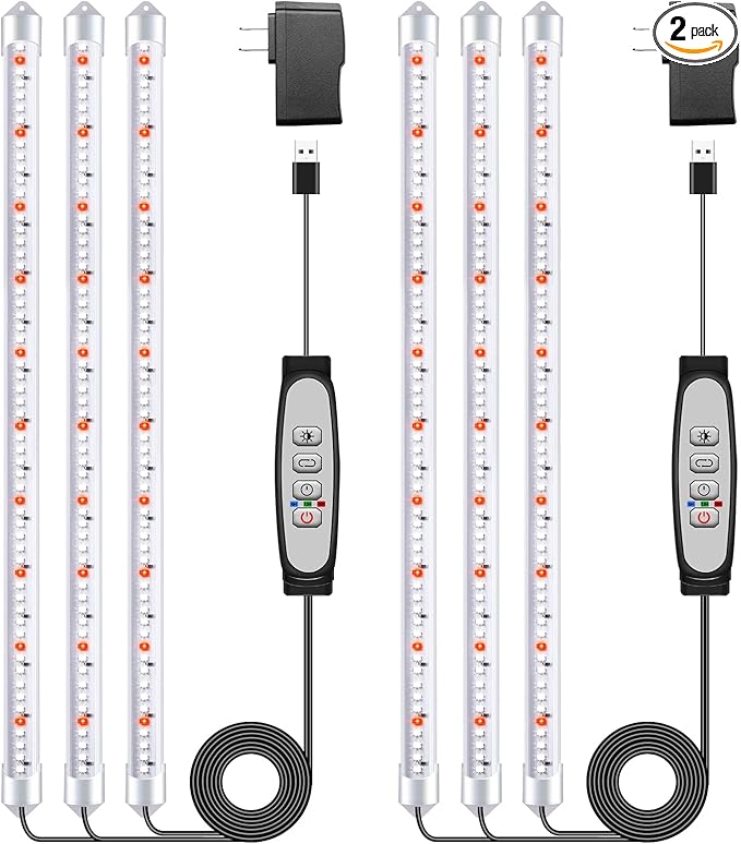 Tri-Bars Grow Light Strips for Indoor Plants with Auto ON/Off Timer 6/12/18H, 5 Dimmable Levels for Shelves Plant Growing(Pack 2)