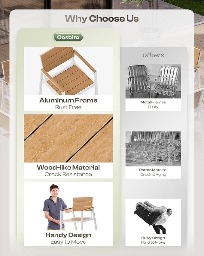 67" Rectangle HDPS Patio Dining Table, Aluminum Outdoor Patio Dining Table with Umbrella Hole, Weather-Resistant for Lawn, Garden, Yard, Poolside and Indoor Use, White & Teak