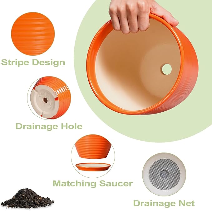 Ceramic Planter - 10 Inch Plant Pot for Indoor Outdoor, Modern Planters with Drainage Hole and Saucer, Round Large Plant Pot, Patio Room House Decor, House Warming Gifts, Orange