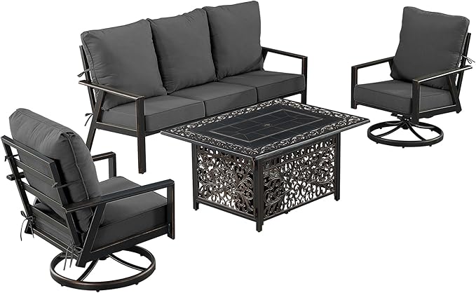 Oakland Living Black Aluminum Patio Fire Table Set with Deep Seating Sofa with Cushion and Two Club Chairs with Black Cushions