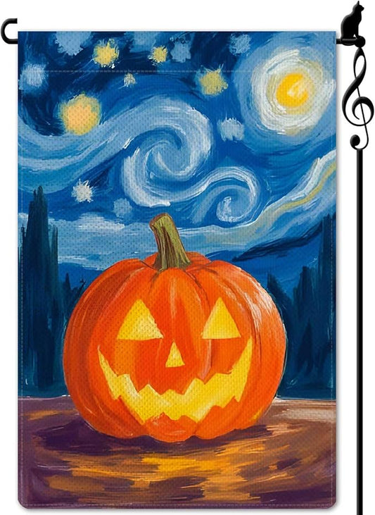 Halloween Starry Night Pumpkin Ghost Garden Flag Holiday Small Flag for Outside Burlap Double Sided Welcome Yard Lawn Decor 12.5x18"