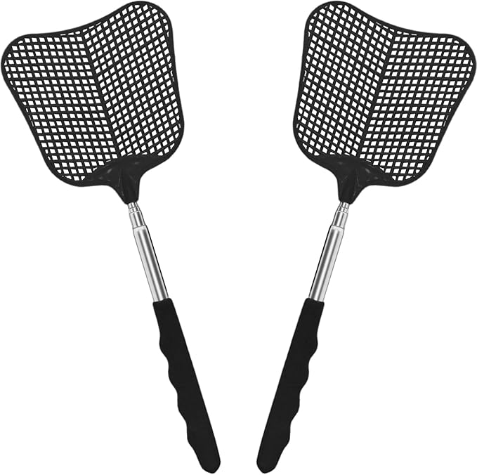 Fly Swatter 2 Pack, Durable Heavy Duty Plastic Fly Swatters, Stainless Steel Telescopic FlySwatter for Indoors/Outdoor/Kitchen/Garden (Black+Black)