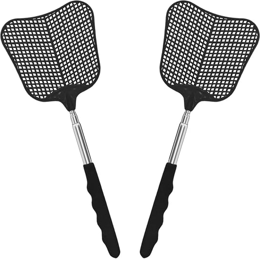 Fly Swatter 2 Pack, Durable Heavy Duty Plastic Fly Swatters, Stainless Steel Telescopic FlySwatter for Indoors/Outdoor/Kitchen/Garden (Black+Black)