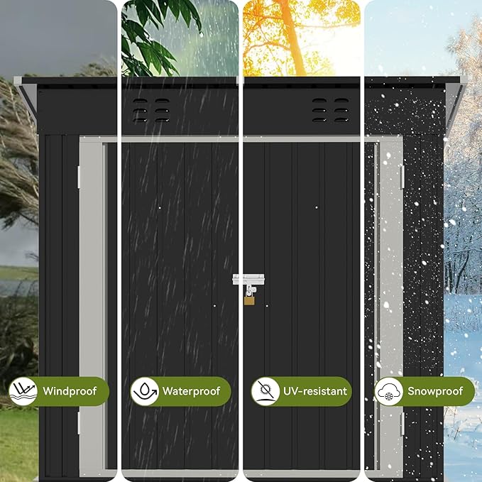 COMHOMA Shed Outdoor Storage Shed Metal,Lockable Doors Tool Sheds with Sloping Roof,Steel Garden Shed with Air Vent for Backyard,Patio,Lawn,Poolside (Black, 6'*4')