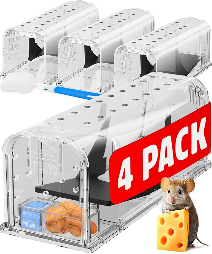 Motel Mouse Humane Mouse Traps No Kill Live Catch and Release 4 Pack - Reusable, Easy to Use & Clean, No Touch Release, Sensitive Includes Cleaning Brush, Instruction Manual & Video - Mousetrap Indoor