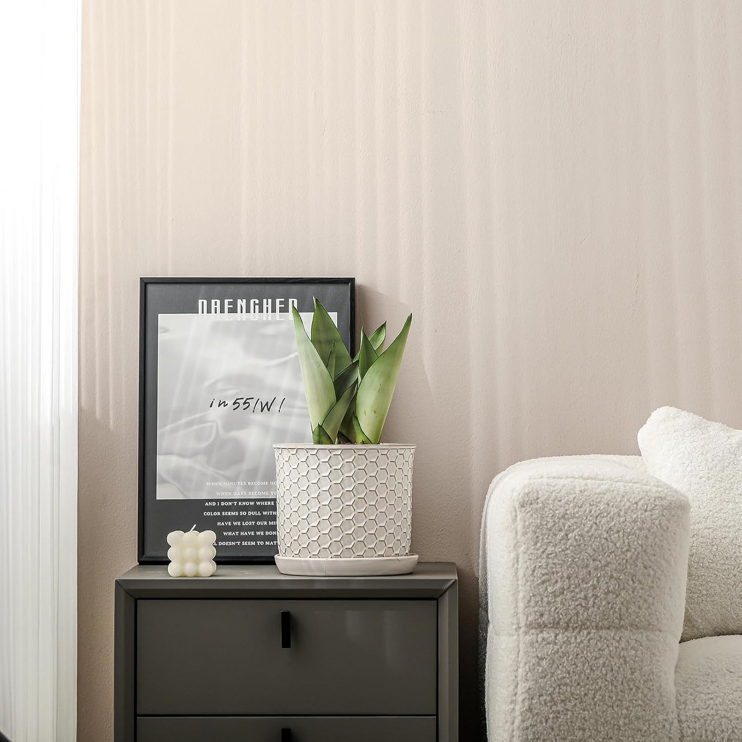 8 Inch Plant Pot: Ceramic Planter with Drainage Hole & Saucer - Flowerpot for Indoor & Outdoor Plants with Separate Tray for Home & Office - Honeycomb Design, Cream White