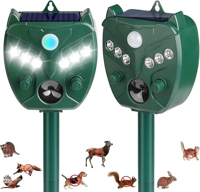 2 Pack 2025 Ultrasonic Animal Repellent Outdoor Deer Repellent Devices Solar Animal Repeller Motion Activated Deterrent to Scare Cat Squirrel Rabbit Raccoon Skunk with LED Flash Lights for Yard Lawn