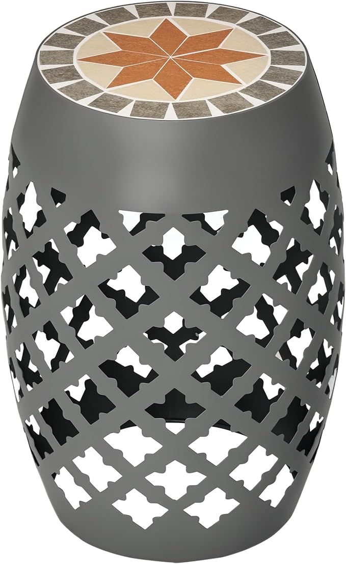 Outsunny 12" Patio Round Side Table, Outdoor Footstool, Garden Mosaic Accent Side Table, Plant Stand, Gray