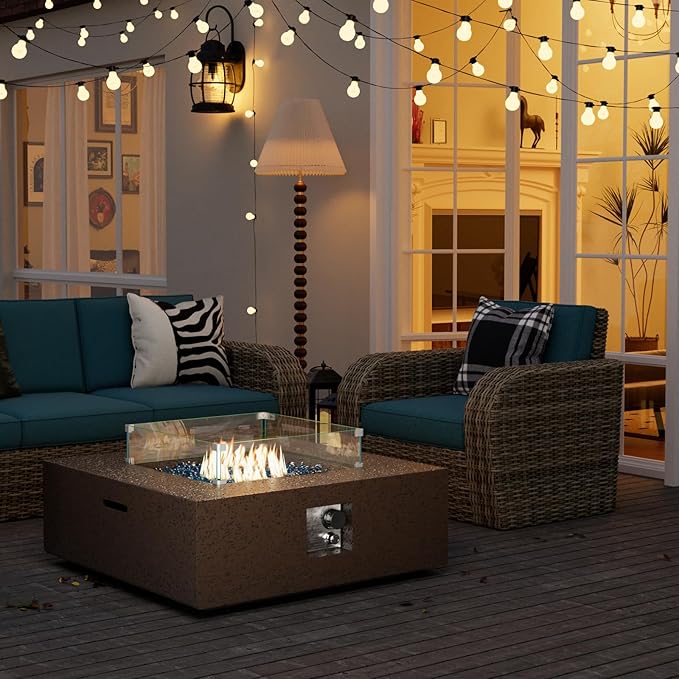 SUNBURY Outdoor Propane Burning Fire Pit, 35 inch Square Patio Fire Table 50,000 BTU Fire Pit for Outside with Waterproof Cover and Glass Stones, Rust-Red