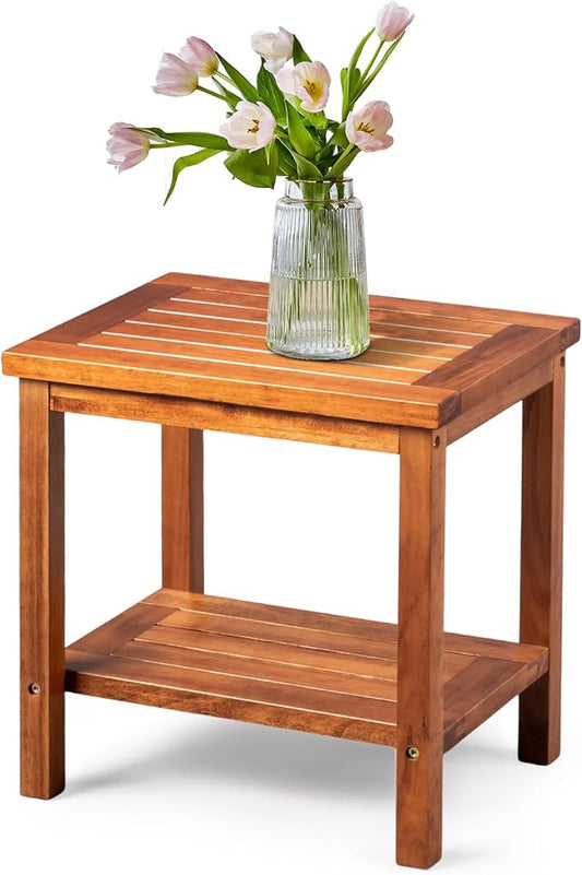 VINGLI 2-Tier Solid Wood Outdoor Side Table, Weather-Resistant Patio End Accent Table Wooden Coffee Table for Garden, Balcony, Porch