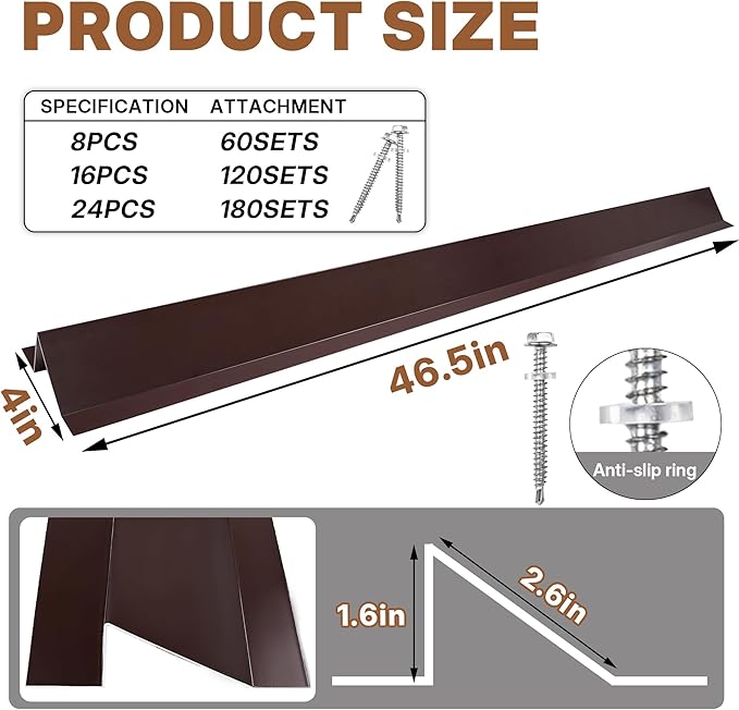 3.9 Ft Metal Roof Snow Guards with Screws Snow Stops for Metal Roofs Ice Guards for Aluminum Roofing Panels, Wood Canopy, 8 PCS - 31 Ft Kit Brown