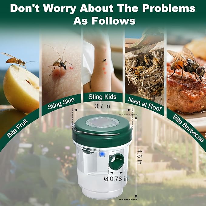 SPICA 4 Pack Wasp Traps Outdoor Hanging, Reusable, Solar Powered Bee Traps for Hornets, Bees, Yellow Jackets, Wasps with Led Light