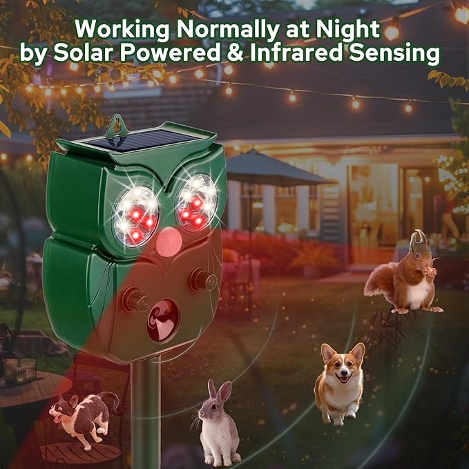 [2025 Upgrade] Solar Animal Repellent Outdoor for Deer Squirrel Mole Rabbit Cat Skunk Bird Raccoon Dog, Waterproof Ultrasonic Pest Repeller with Motion Detector and LED for Yard Lawns Garden 1 Pack
