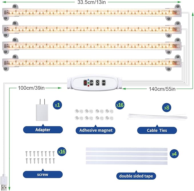 LED Plant Growing lamp, 3000K Full Spectrum Grow Light Strips for Indoor Plants with 3/9/12H Timer & 10 Dimmable Levels, Led Growth Light for Green House Hydroponics Succulent 13In 4Head