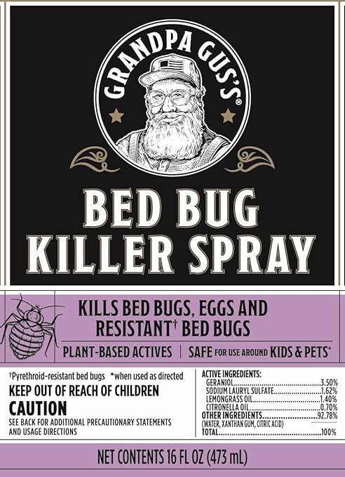 Grandpa Gus's Natural Bed Bug Spray, Plant-Based Bug Control for Home, Mattresses, Furniture, Carpets, and Bedding, Kills Bed Bugs and Eggs, Safe for Kids and Pets, 16 fl oz