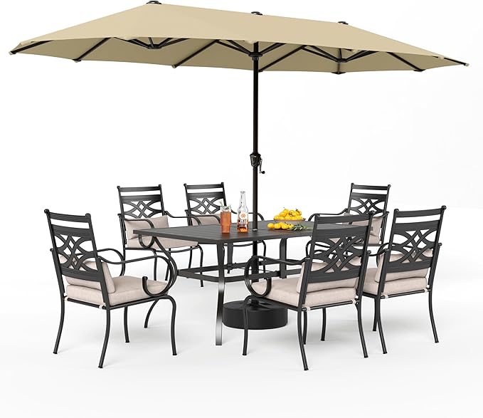 PHI VILLA Outdoor Patio Dining Set for 6 with 15ft Umbrella(Beige),Includes 6 Outdoor Chairs with Cushions and a Metal Rectangular Table, Perfect for Garden, Lawn, or Deck
