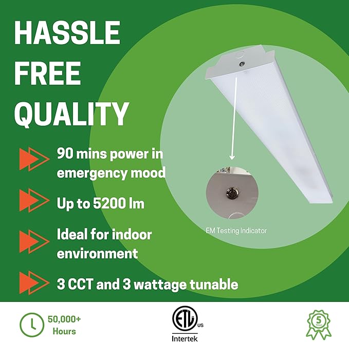 LED Emergency 90mins Wraparound Light, 3500K/4000K/5000K Adjustable 40W 5200lm for Garage Workshop Office 120-277V, ETL