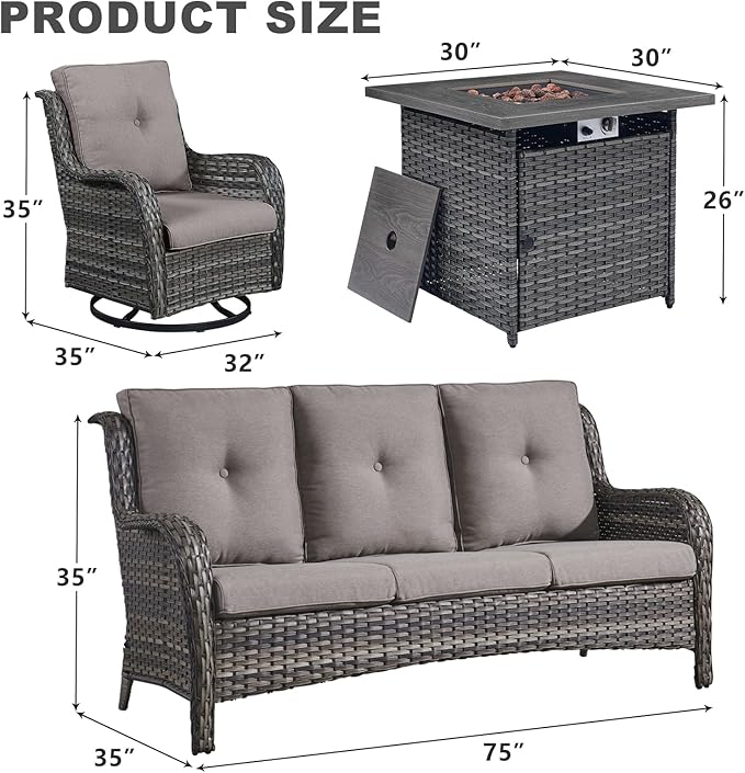 Patio Furniture 4 Piece, All-Weather PE Wicker Outdoor Furniture Set with CSA Certified 30in Propane Fire Pit Table,Outdoor Patio Furniture with Swivel Rocking Chairs