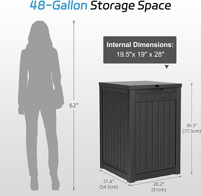 48 Gallon Outdoor Storage Box, Package Delivery Box for Outside with Lockable Secure, Resin Outside Storage Box Waterproof Deck Box for Patio & Pool, Black